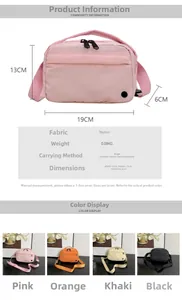 Detailed spec sheet showing pink nylon crossbody bag dimensions and four color variants
