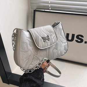 Fashion Marble Pattern PU Leather Shoulder Bag For Women Butterfly Buckle Metal Chain Strap Underarm Bag Trendy Versatile Handbag