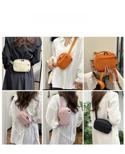 Detailed look at multi-pocket nylon crossbody bags in beige, orange, pink and black