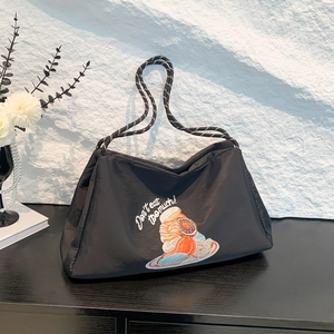 Sac Fourre-tout en Nylon de Grande Capacité pour Femmes Imprimé Beignet Drôle Sac à Épaule Streetwear Avec Corde Tressée Noir