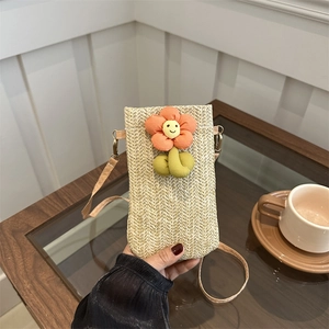 Women's Straw Woven Mobile Phone Crossbody Bag With Cute Smiley Flower Decoration Summer Trendy Shoulder Bag