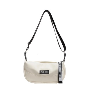 Minimalist white leather crossbody bag with adjustable strap and fashion label detail