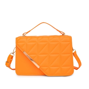 Bright orange quilted crossbody bag with triangle stitching and gold metal trim