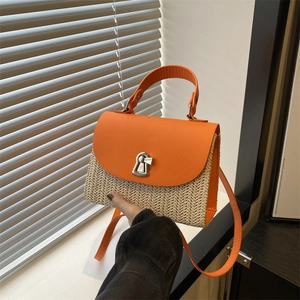 Women's Summer Straw Patchwork Shoulder Bag Urban Minimalist Woven Crossbody Handbag With Metal Lock Vacation Small Square Bag