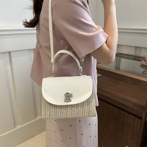 Fashionable woven straw and white leather crossbody handbag with metal lock for summer