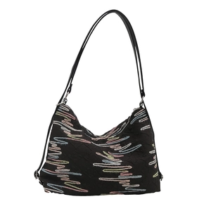 Sac fourre-tout noir avec broderie zigzag colorée et bandoulière réglable moderne