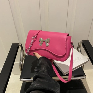 Women Fashion PU Leather Small Square Shoulder Bag Stylish Solid Color Bow Knot Chain Decor Crossbody Bag Daily Messenger Bag