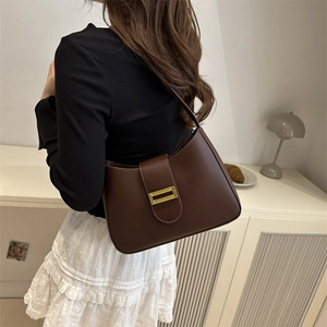 French style dark brown matte leather half-moon shoulder bag with gold metal buckle