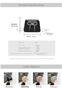Detailed size chart and specifications for the bowknot mini crossbody chain bag