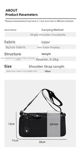 Detailed size specifications for the black nylon crossbody bag with interior pockets