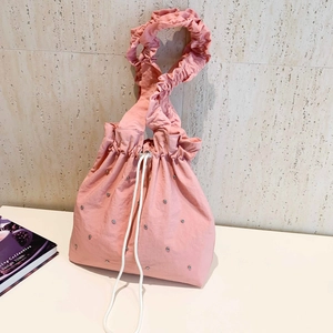 Women Large Capacity PU Tote Bag Rhinestone Ruffle Shoulder Bag Fashion Drawstring Handbag Casual Pleated Beach Bag