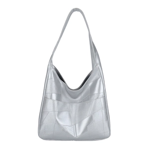 Silver metallic geometric patchwork tote bag with wide strap for minimalist summer fashion