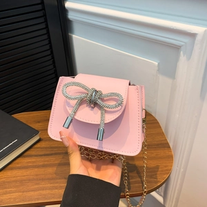Women Elegant PU Leather Mini Crossbody Bag Luxury Rhinestone Bowknot Chain Shoulder Bag Small Square Flap Evening Purse