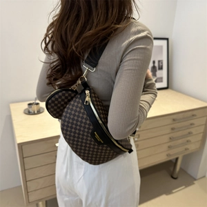 Sac bandoulière rétro à damier avec sangle réglable et petit porte-monnaie rond