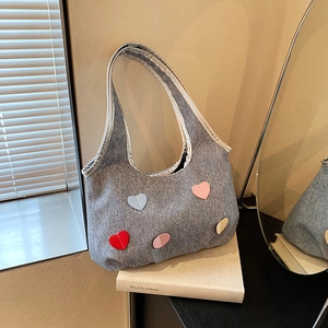 Women Denim Heart Patchwork Tote Bag Casual Sweet Shoulder Bag With Silver Trim Fashion Large Capacity Handbag For Daily Commute