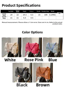 Detailed size chart and multi-color options for quilted chain crossbody bag with coin purse