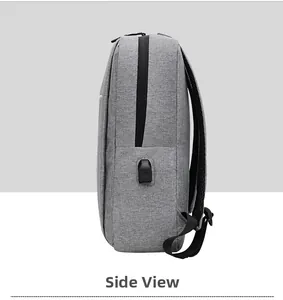 Vista laterale dello zaino da viaggio grigio con porta di ricarica USB integrata