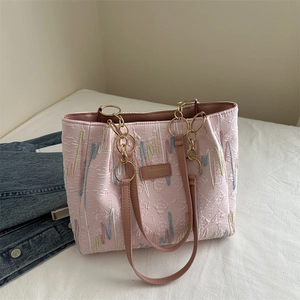 Fashion Nylon Tote Bag Women Large Capacity Shoulder Bag With Colorful Wave Embroidery Metal Chain Strap Casual Daily Bag