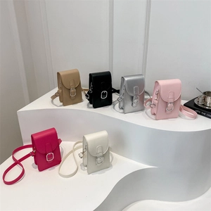 Minimalist leather crossbody phone bags in six colors with flap and silver buckle