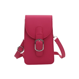 Vertical fuchsia PU leather crossbody phone bag with silver oval buckle and strap