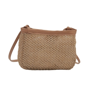 Hollow mesh straw crossbody bag with faux leather strap and minimalist summer design