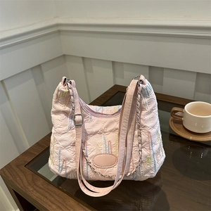 Women Urban Minimalist Nylon Quilted Tote Bag Large Capacity Embroidered Shoulder Bag For Daily Commute Casual Handbag With Chain Strap