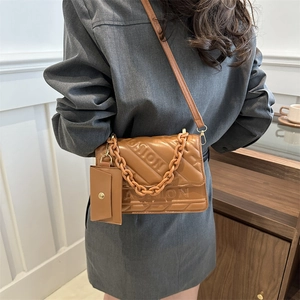 Brown quilted PU leather crossbody bag with chain detail and fashion embossing