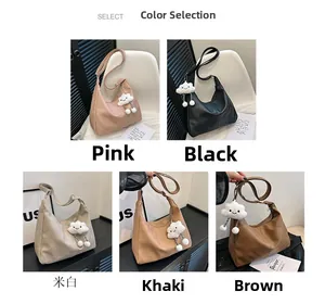 Showcase of five minimalist crescent bags in pink, black, cream, khaki, and brown shades