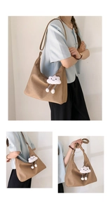Three views of a large camel leather tote bag with a cute white cloud plush charm detail