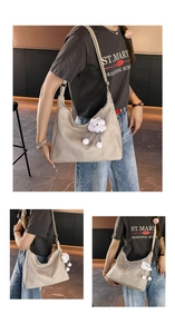 Multiple views of a large khaki tote bag with a cute white cloud plush pendant