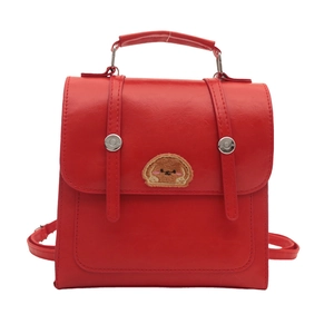 Large capacity red PU leather backpack for women with cute puppy embroidery and silver buckles