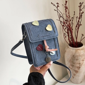 Cute Heart Decoration PU Leather Small Crossbody Phone Bag For Women Girly Fashion Shoulder Bag With Metal Pendant