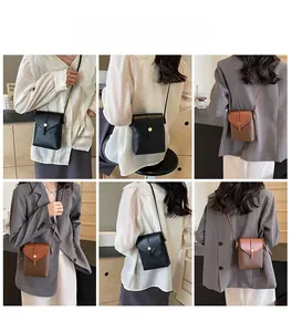 Multiple views of stylish color-block crossbody phone bags for women in black and brown