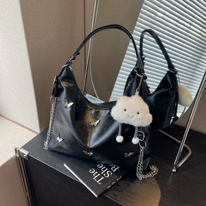 Women Metallic Butterfly PU Leather Shoulder Bag Large Capacity Fashion Commuter Hobo Tote Bag With Plush Cloud Charm