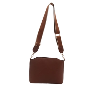 Brown vintage leather shoulder bag with wide adjustable woven strap and gold buckles