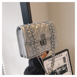 Close-up of shiny silver quilted handbag with chain strap and accordion compartments
