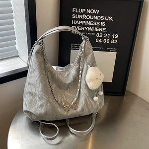 Women Large Capacity Pleated PU Tote Bag With Butterfly Chain Cloud Pendant Casual Commute Shoulder Bag Fashion Hobo Handbag