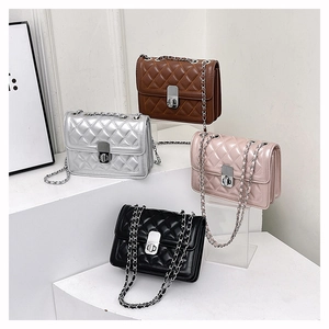 Quilted crossbody flap bags with chain straps in brown, silver, pink and black colors