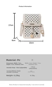 Tableau des tailles détaillé pour le sac bandoulière en PU mesurant 13x17x6cm