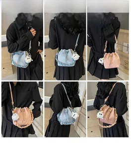 Collage of chic drawstring bucket bags in pastel blue and pink with cute sheep charms