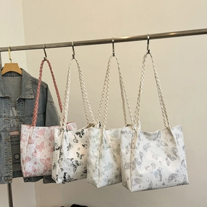 Floral butterfly print tote bags with woven handles in four colors for summer daily use