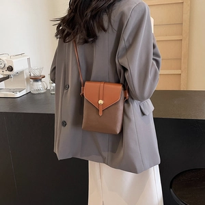 Fashionable brown color-block crossbody phone bag with gold clasp shown on a model