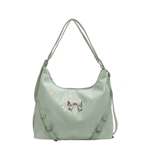 Borsa tote verde menta metallizzata da donna con texture craquelé e fiocco in argento