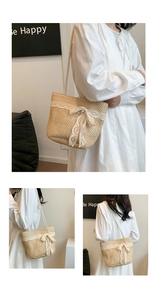 Close-up of handmade straw woven bag with intricate white lace trim and bow detail