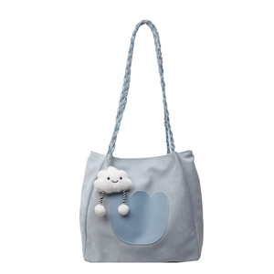 Grand sac cabas en tissu bleu clair avec poche tulipe et charm nuage mignon