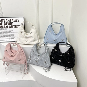 Large butterfly tote bags in five colors with metal chain straps and pleated nylon texture