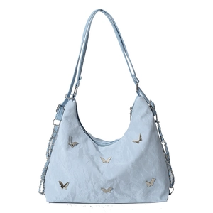 Light blue butterfly tote bag with chain strap and adjustable belt in hobo style