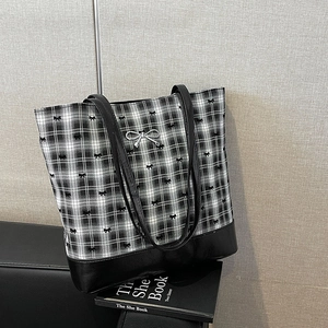 Women Large Capacity PU Leather Tote Bag Fashion Plaid Polka Dot Bow Shoulder Bag Casual City Commuter Handbag For Ladies