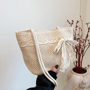 Women Straw Woven Shoulder Bag With Lace Bowknot Large Capacity Beach Vacation Tote Bag Summer Pastoral Style Handbag