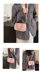 Pink glossy quilted crossbody bag showing front, side and back views in detail